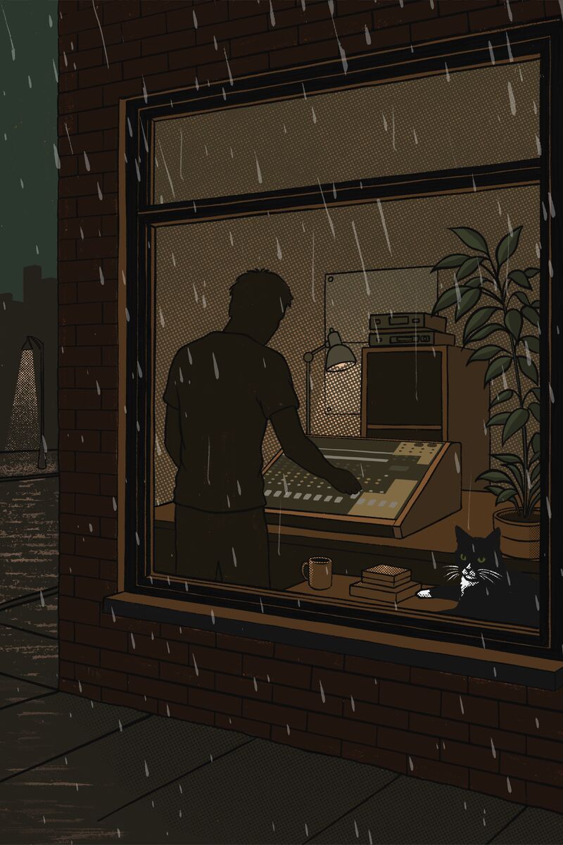 A figure at a mixing desk, seen through a rain-streaked window at night. A cat watches from the sill.